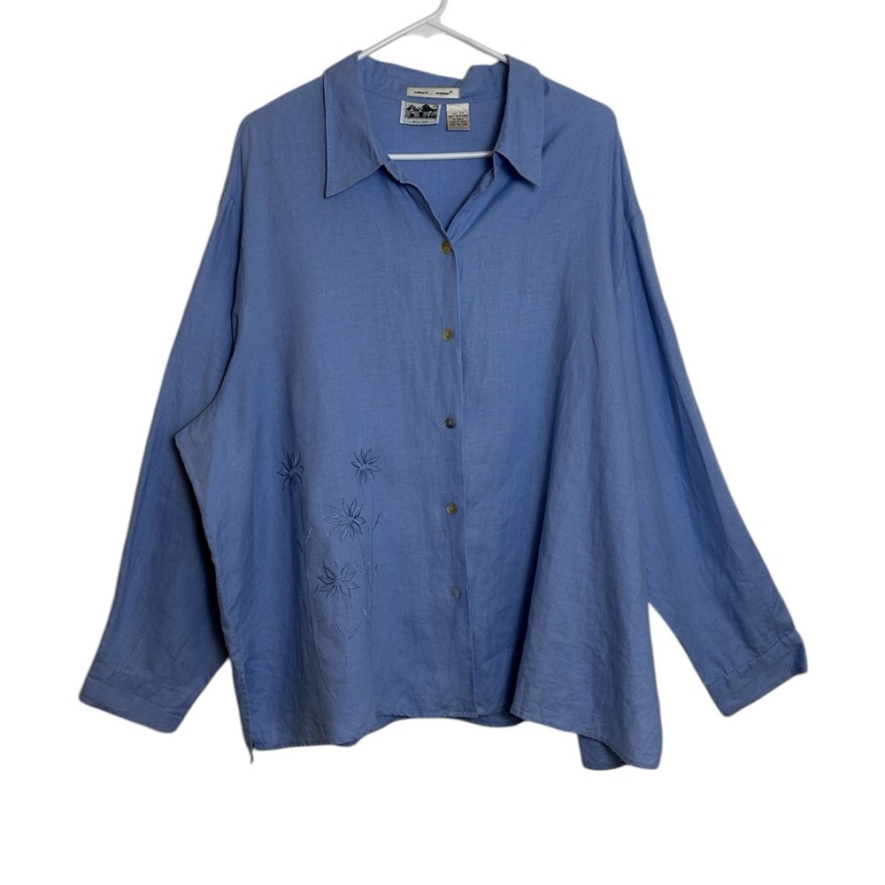 Edward Woman Blue 100% Irish Linen Size 2X Embroidered Flowers Shirt